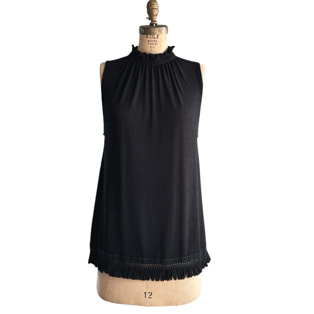 Zara Black Sleeveless Tunic Top with Tassel Hem & Ruffle Collar, Sz Med